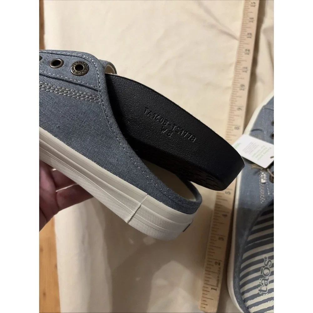 NWT $150 Taos EZ-Soul US 8 Slip On Sneaker Chambray Lake Blue Canvas Mules